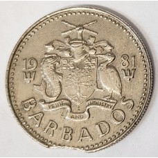 BARBADOS 1981 . TWENTY-FIVE 25 CENTS . ERROR . CLIP BITE